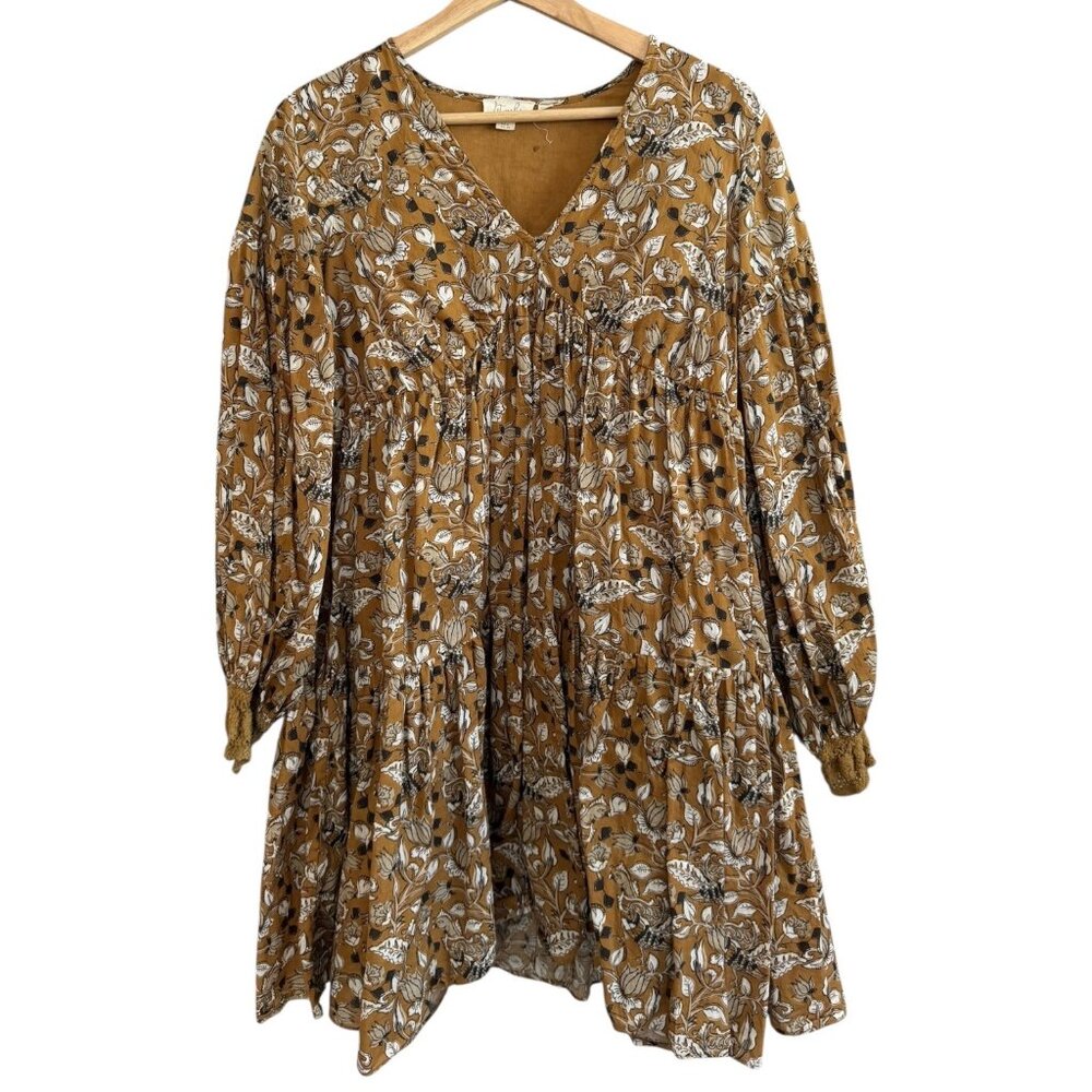Anthropologie Let Me Be‎ Floral Babydoll Tiered Mini Dress Brown 6 Cottagecore